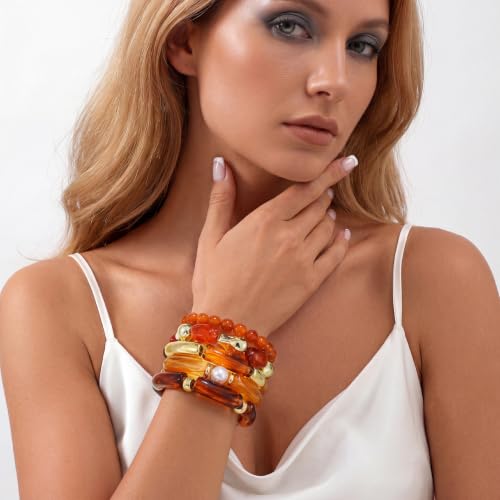 GOOJIDS Simple Beaded Gold Plated Bangles Bracelet Chunky Bamboo Tube Curved Stacking Clear Acrylic Colorful Beads Stretchable Gold Plated Bracelets Set For Women (S-Brown 5pc Set) — view 5
