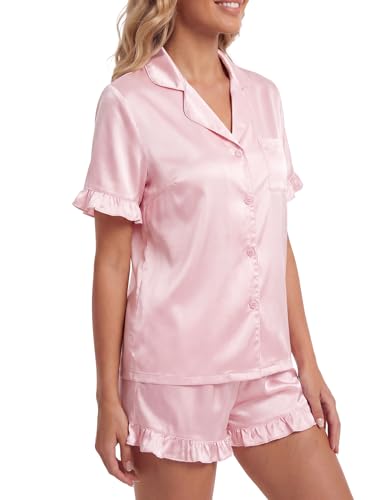 Image of Umenlele Women's 2 Piece Satin Pajama Set Cute Ruffle Short Sleeve Button Down Shirt with Shorts Summer Pjs