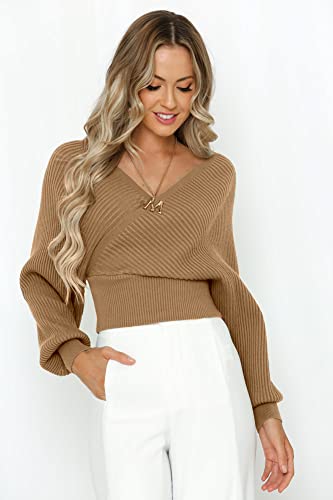 Image of ZAFUL Womens V Neck Cropped Wrap Sweaters Drop Shoulder Lantern Sleeve Pullover Tops Winter Sexy Cross Ribbed Clothes