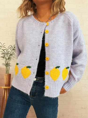 Cardigan Sweaters for Women Crewneck Cute Lemon Embroidery Button Down Casual Loose Knit Cardigan Coat4