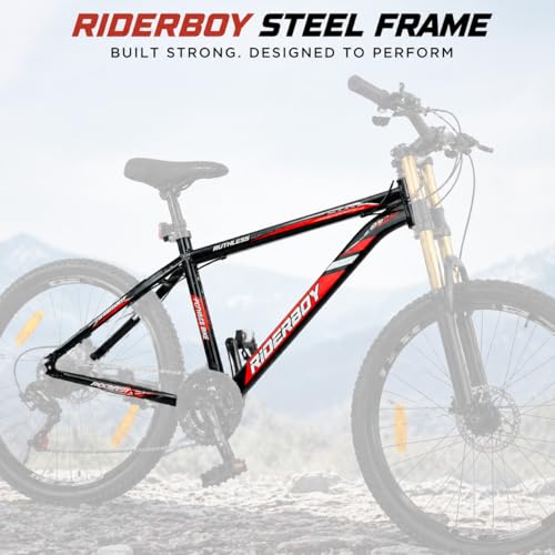 Image of RIDERBOY Double Crown Suspension 26T | 21 Gear Cycle for Men | Strong Steel Frame & Dual Disc Brakes with Mega Hub | MTB Bicycle for Off-Road & City Riding Ideal for 13+ Yrs - Black