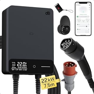 dé Borne de Recharge Véhicules Électrique 22kW APP [6-32A, Triphasé] Wallbox 22kW avec Câble Type 2 7,5m, RFID, Borne de Recharge avec RCD Type-B et ip54 pour E-208 et Autres BEV/PHEV, Noir