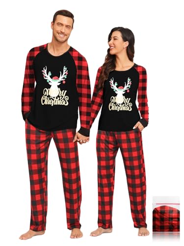 YOPUGEE Christmas Pajamas for Couples Long Sleeve Christmas Plaid Pjs Xmas Sleepwear, Black Plaid &...