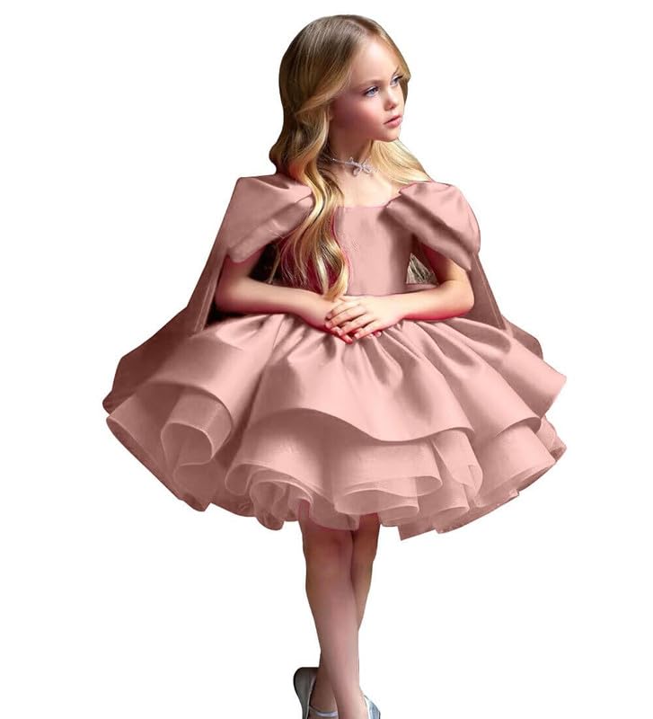 Satin Short Flower Girl Dresses for Wedding Kids A Line Puffy Princess Birthday Party Gowns with Bowknot TY16