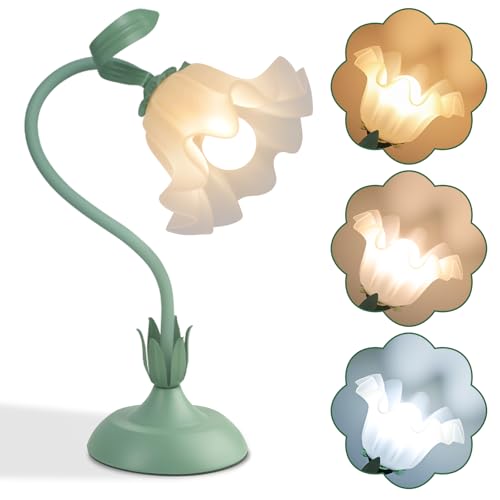 Flower Desk Lamp,LED Reading Light Bedside Vintage Flower Night Light,3 Colors Modes Cute Bedside Lamps Decor,Living Room Bedroom Room Kawaii Lighting Table Lamps Home Decoration (Green)