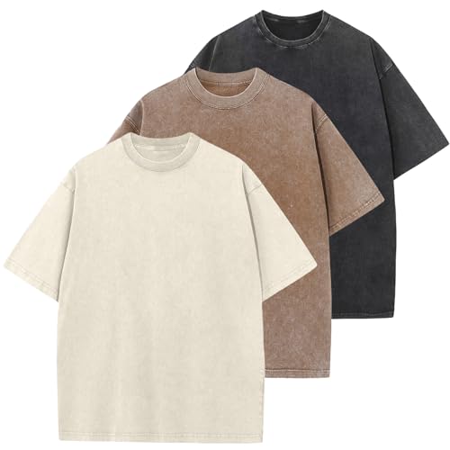 3 Pcs Oversized Heavy Cotton Summer T-Shirts Vintage Unisex Short Sleeves Casual Loose Basic Tops(Beige+Coffe+Black XL)