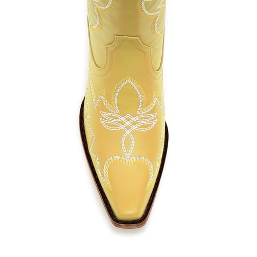 Image of Uillnoodu Women's Turquoise Cowgirl Boots - Wide Calf Mid Calf Western Boots Plus Size Embroidered Cowboy Style with Block Heel