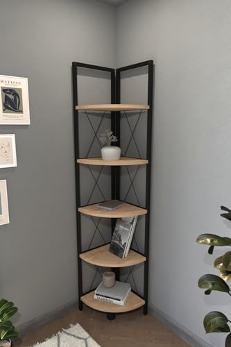 Buyqualia Estantería de rincón de Estilo Industrial con baldas en melamina Color safir y Estructura de Acero en Negro (Alto 160 / Ancho 34 / Fondo 34) cm