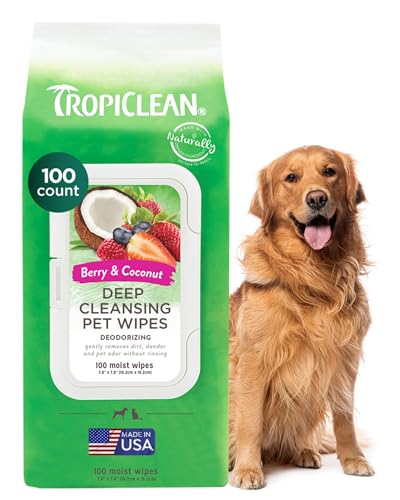 TropiClean Deep Cleaning Pet Wipes, 100ct - Wipes for Dogs & Cats - Gently Removes Dirt, Dander & Smells - for Pet Paws, Face, Body & Bottom - Sweet Berry & Coconut Scent