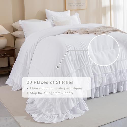 Image of QSH 3PCs Bright White Ruffled Oversized King Comforter 120x120,Shabby Boho Chic Farmhouse Ruffle Bed Comforter Set California King Comforter Ultra Soft Microfiber Lightweight Fluffy Bedding
