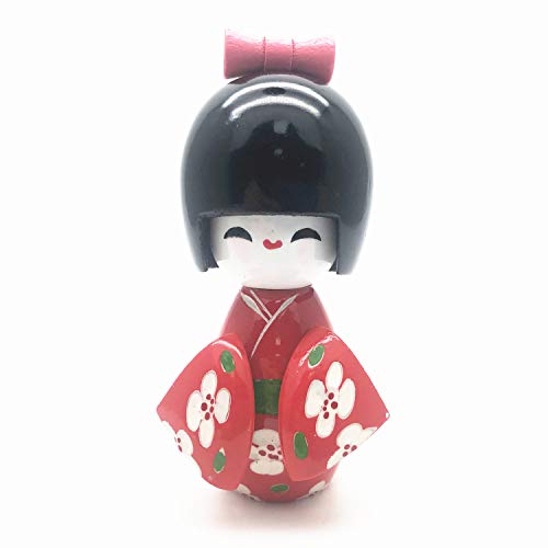 XMHF Floral Japanese Kimono Smiling Girl Kokeshi Doll Toy Red