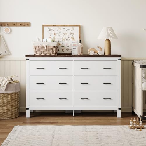 LINSY HOME Farmhouse 6 Drawer Double Dresser for Bedroom, 53” Wide Rustic Wood Chest with Deep Drawers, Modern Dressers with Storage and Metal Handles for Closet, Living Room, Hallway, Off White