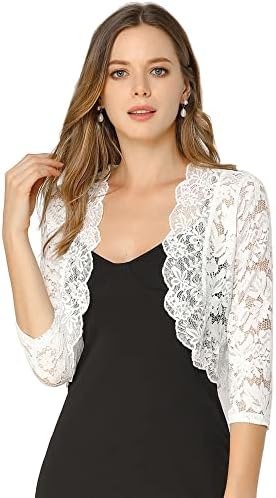 Allegra K Women's Elegant 3/4 Sleeve Sheer Floral Lace Shrug Top