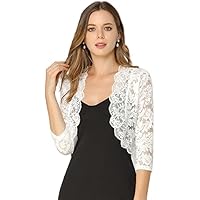 Allegra K Día de San Patricio Cárdigan Toreras Top De Encaje Floral Transparente Manga 3/4 Elegante para Mujer Blanco M