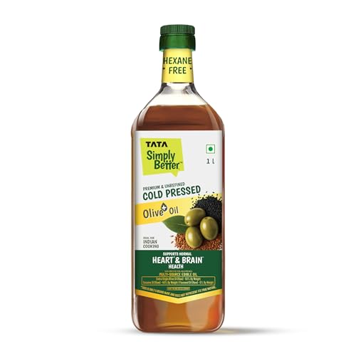 Image of Tata Simply Better Olive+ Blended Oil for Indian Cooking, Premium & Unrefined, Cold Pressed, 1L, Hexane Free, Blend of Olive, Sesame & Flaxseed Oil, Rich in Omega-3 & ALA, Supports Normal Heart & Brain Health