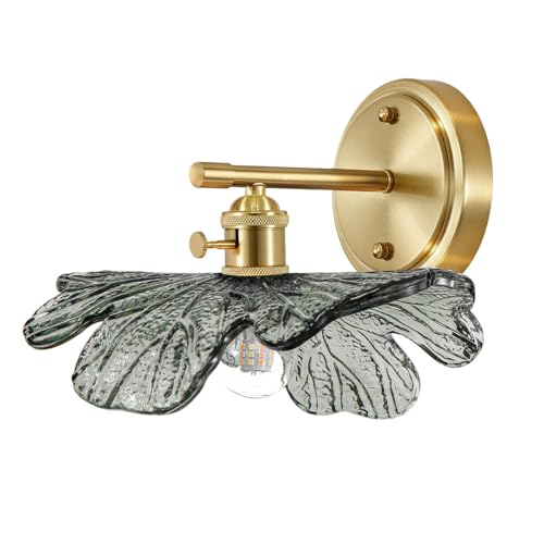 Image of Modern Bathroom Vanity Light Vintage Wall Sconce Hand Blown 1-Light Wall lamp Indoor Wall Light with Dark Green Glass Shade Gold Vanity Light Over Mirror for Bedroom Hallway Living Room