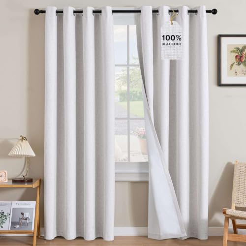Image of H.VERSAILTEX Linen Curtains 100% Blackout Curtains for Bedroom 84 inch Long Full Light Blocking Nature Linen Blended Window Curtains for Living Room Nickel Grommet (2 Panels, Heathered White)