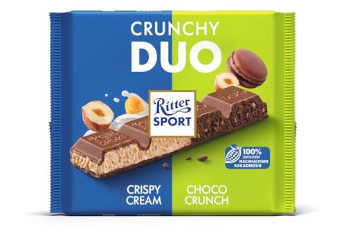Ritter Sport Crunchy Duo große Tafel-Vollmilchschokolade mit knuspriger Haselnuss- & Kakao-Cremefüllung perfekt zum Naschen und Genießen Geschenkidee 218 g