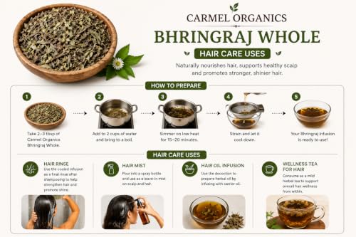 Image of CARMEL ORGANICS Bhringraj Whole 100 Grams | | Clean & Dried Bhringraj Leaves & Herb | For Hair Oil, Hair Mask & Hair Care | 100% Natural | Chemical Free
