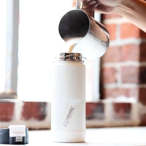 Ecovessel Perk Trimax Vacuum Insulated Stainless Steel Travel Bottle For Coffee & Tea With Push Button Locking Top – 16Oz (White Out) #TOP7