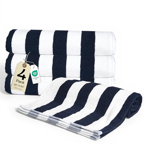 Salt Earth Cotton Striped Beach Cabana Towel 4 Pack - 30x60 Quick Dry Towels Pool Essentials Travel Gym & Bathroom Towels Oversized Beach Vacation EssentialsNavy Blue