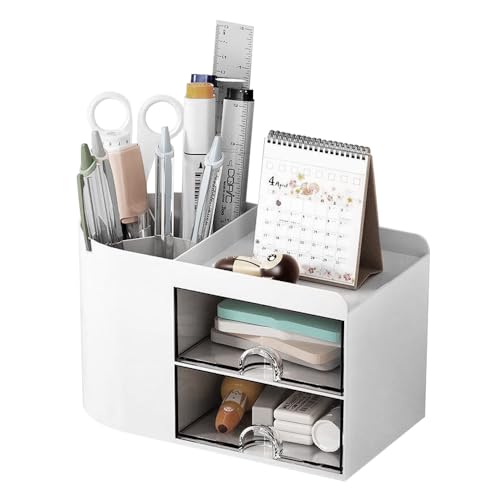 HEKOBAG Desk Organizer with 2 Drawer, Plastic White Table Organiser Large Capacity Pen Pencil Holder Office Desk Tidy Organiser Multi-Functional Desktop Storage Box for Desk, School, Office, Home