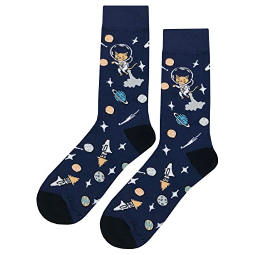 Space Cat Dress Socks Funny Novelty Crazy Fun Design Men Size 8-12 Cotton Casual Crew Colorful Funky Fancy Socks Gift for Men