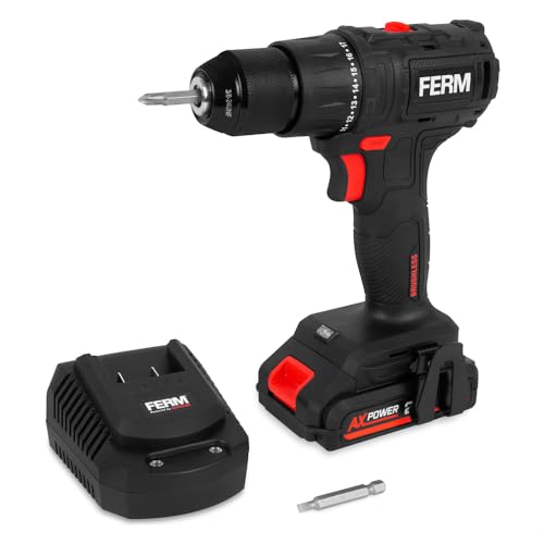 FERM CDM1167 Perceuse-Visseuse Brushless Sans Fil 20V – 50 Nm, 2 Vitesses, Mandrin Métal 10 mm – LED, Softgrip – Batterie 2.0Ah + Chargeur Rapide Inclus –...