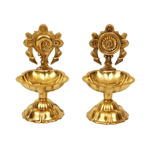 Image of EAC Pure Brass Shanku Chakra Diya, Shanku Chakra Deepalu for Home Temple Office Decor & Diwali Gifting (4.5 inch, Set of 2)