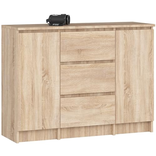 AKORD Kommode K100 mit 3 Schubladen, Schrank mit 2 Tür 4 Regalböden, Für das Wohnzimmer Schlafzimmer, Moderne, 16mm Laminierte Platte, B101xH76xT35 cm, Farbe Sonoma-Eiche & Sonoma-Eiche
