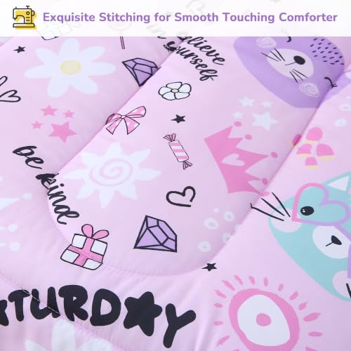 Image of Viviland Toddler Comforter Sets, 4 Pieces Bedding Sets, Cat Pattern | Microfiber Purple Bed Set, Girls, Breathable & Soft, Comforter, Bed Sheet, Fitted Sheet and Pillowcase, Machine Washable