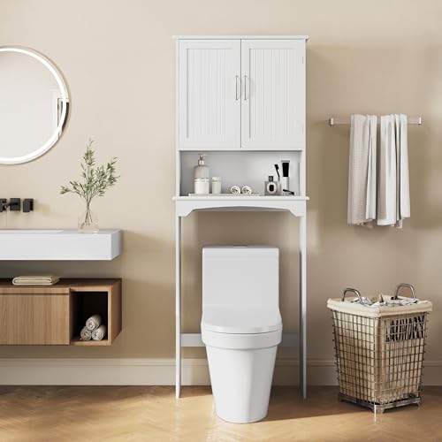 Yaheetech Over The Toilet Cabinet, Double Door Bathroom Storage Organizer, Toilet Rack with Inner Adjustable Shelf and Open Storage Shelf, White - Image 3