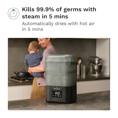 Image of Baby Brezza 10 Minute SuperQuick Bottle Sterilizer + Dryer - Large 8 Bottle Capacity - Steam Sanitization - Universal Fit for All Bottles: Plastic + Glass + Pacifiers + Breast Pump Parts, Matte Black