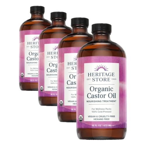 Image of HERITAGE STORE Organic Castor Oil - Glass Bottle - Nourishing Treatment for Hair and Skin - Eyelash Serum for Eyelashes, Brows, Castor Oil Packs - Cold Pressed, Hexane Free, Vegan 16oz (Pack of 4)