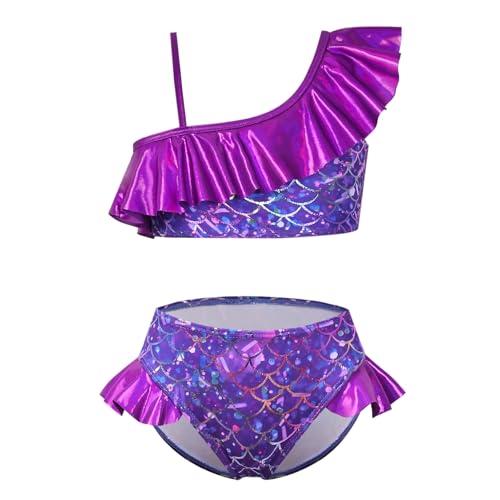 Image of CHILDRENSTAR Girls Metallic Bathing Suits Shiny Ruffles One Shoulder 2 Pieces Swimsuits Cute Bikini Set