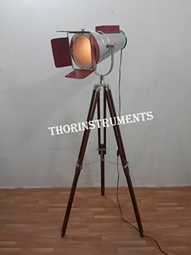 THOR INSTRUMENTS Designer Shiny Chrome Spot Light Lather Light W/Brown Tripod Stand Rustic Vintage Home Decor Gifts