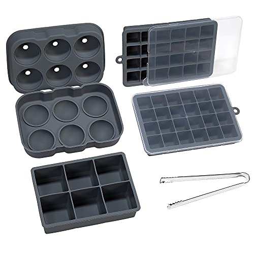 To encounter Ice Cube Trays, Silicone Ice Ball Maker with Lid, Large Square Ice Cube Molds, 2Pack 24 Cubes per Tray for Cocktail, Whiskey, Baby Food with Stainless Steel Ice Tongs (Dark Grey)