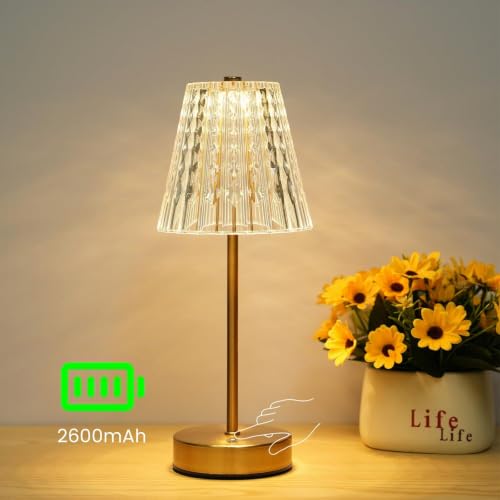 Lixada Kristall Tischlampe Kabellos, Vintage Tischleuchte mit 3 Farben, LED Touch Lampe, Akku Betrieben, Dimmbar, Ideal für Wohnzimmer Schlafzimmer Garten Gaststätte Bar (Gold) – Bild 5