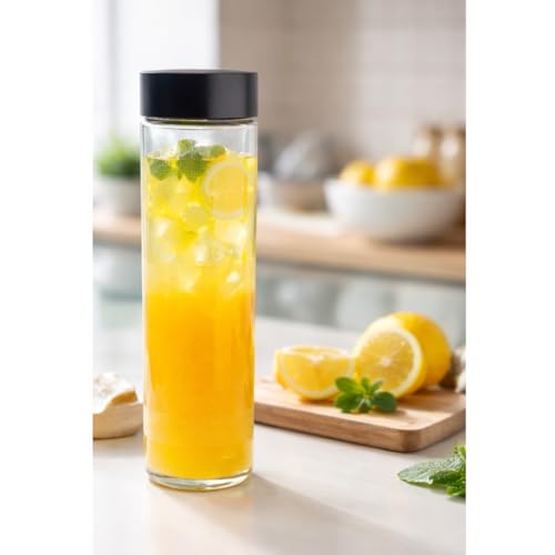 Image of Glassbunny 750ml Set Of 8 Glass Food Grade Airtight Water Bottle with Leak-Proof Black Lid - Water, Smoothie, Juicer and Beverage Glasses