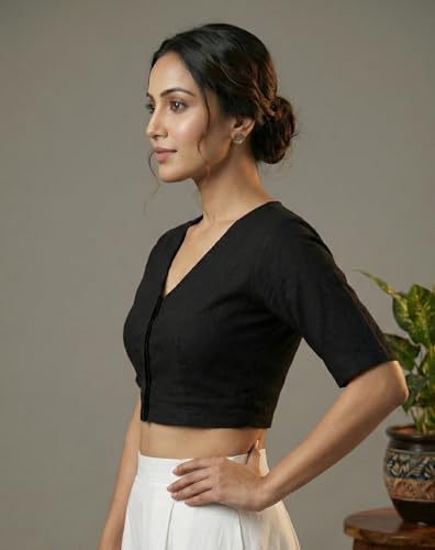 Image of Yash Gallery Women's Stretchable Rayon Lycra V-Neck Short Sleeve Front Open with Hook Stylish Crop Blouse Top for Ethnic Beige Designer Festive Choli Blouse