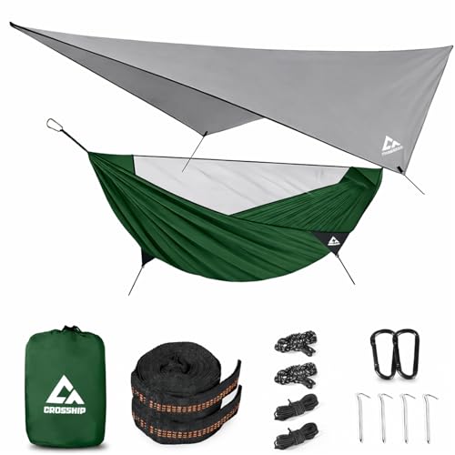 Image of Camping Hammock with Mosquito Net and RainFly Tarp - 2 Person Hammock, Portable Parachute Nylon Hammock for Outdoor, Hiking, Backpacking, Backyard, Travel (Up to 500lbs) - Forest Green