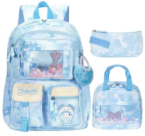 PIEAUWIE Kids Backpack for Girls Cartoon School Bag for Elementary Middle School Students Kawaii Childrens Book Bag with Lunch Box & Pencil Case (17inch Set Blue)