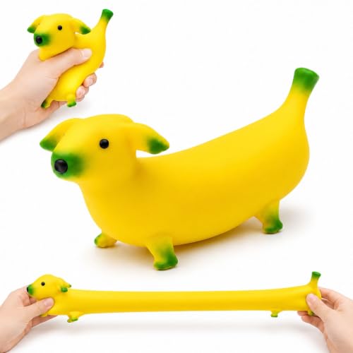 Banana Squishy, Sand Squishy Banana Dog with Cute Face, Extends Well Beyond Its Original Shape, Stress Relief Tool for Office Desk, Playful Desktop Companion