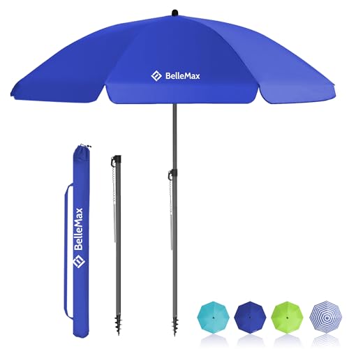 BelleMax Parasol de Plage Exterieur, avec ancre de sable 12 cm & Sac de Parasol, Inclinable sur 30°, Hauteur réglable, pour Balcon, Plage, Terrasse, Protection Solaire UV50 +,Bleu,180 cm