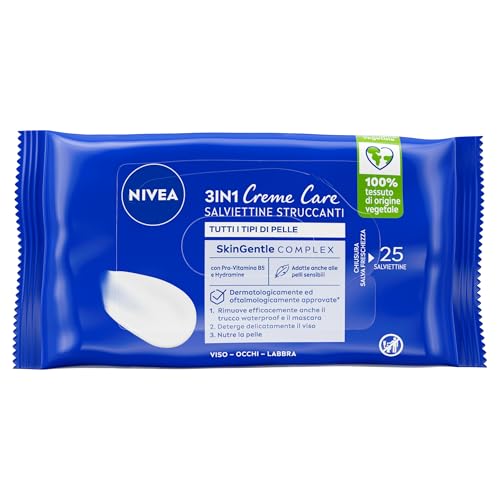 NIVEA Creme Care Salviettine Struccanti Viso 25 pezzi, Salviette struccanti per mascara e trucco waterproof, Salviettine viso delicate e idratanti per uso giornaliero