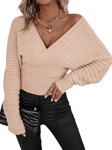 Image of ZAFUL Women's V Neck Cable Knit Sweater Long Sleeve Ribbed Crop Tops Wrap Surplice Solid Casual Pullover Jumper
