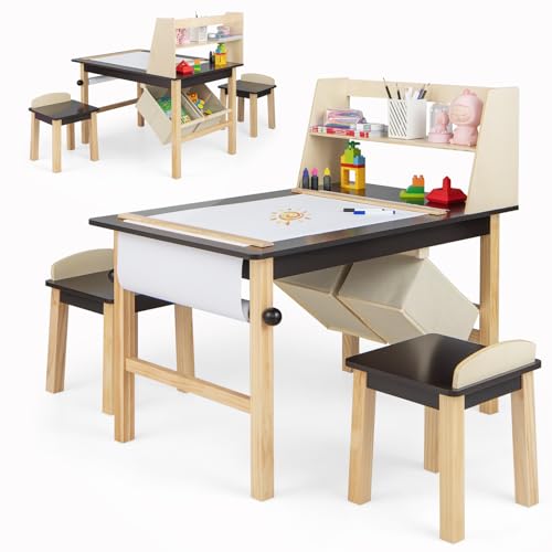 Costzon Kids Table and Chairs, 2 in 1 Children’s Wooden Easel Table Set with 2-Tier Shelves, 2 Storage Bins, a Paper Roll and 2 Markers for Drawing Dinning Studying, 3 Pieces Kids Art Desk