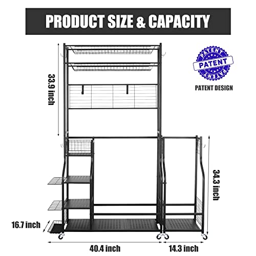 Mythinglogic Golf Bag Storage Garage Organizer,2 Golf Bags Storage Stand and Golfing Equipment Accessories Storage Rack with 4 Removable Hooks, Extra Golf Clubs Display Rack