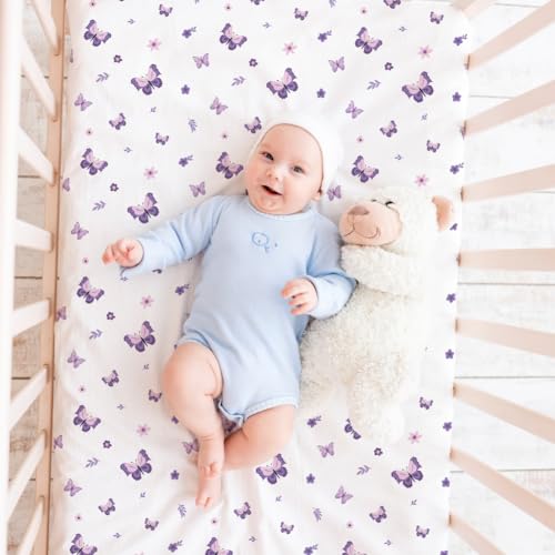 Image of 4 Pack Butterfly Baby Crib Sheets for Baby Girls Purple Crib Fitted Sheets for Standard Size Crib and Toddler Mattress Soft and Breathable (Pack N Play)