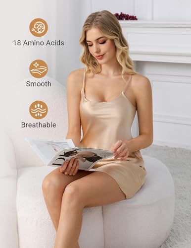 Image of THXSILK Women's Silk Nightgown, 100% Real 19 Momme Mulberry Silk Sleepwear Round Neck Spaghetti Strap Chemise Nightdress
